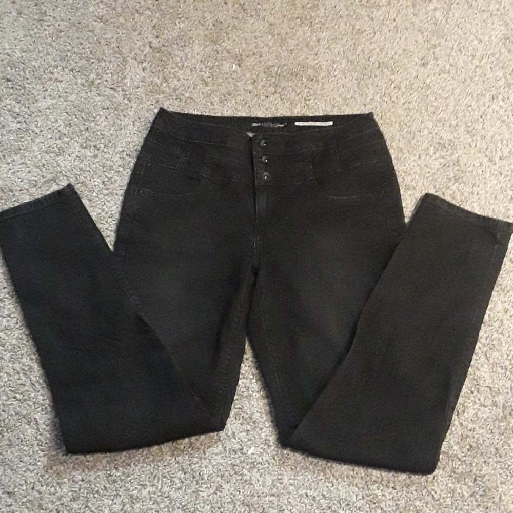 High Waisted Skinny 3 Button Black Denim Jeans